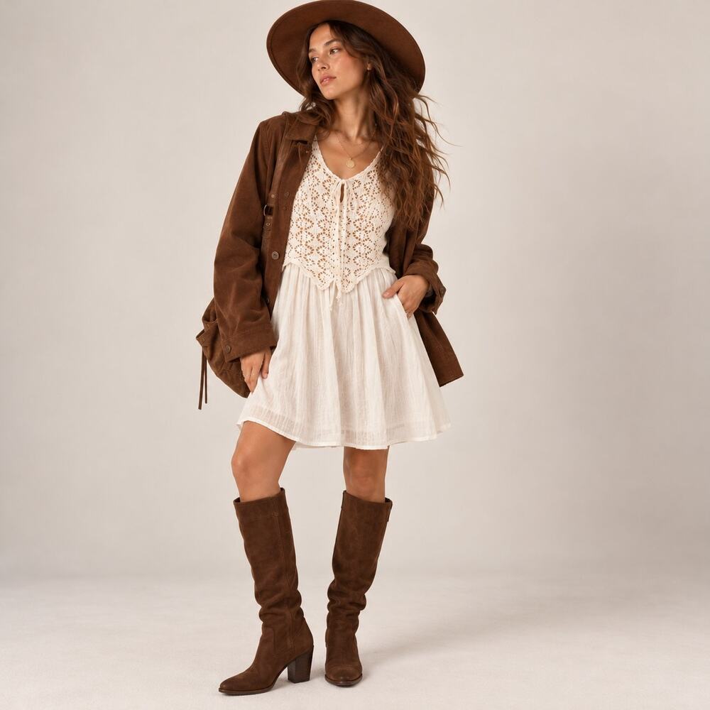 VTG Mayvens of California Cotton Cream Crochet Peasant Dress L Cottagecore Boho